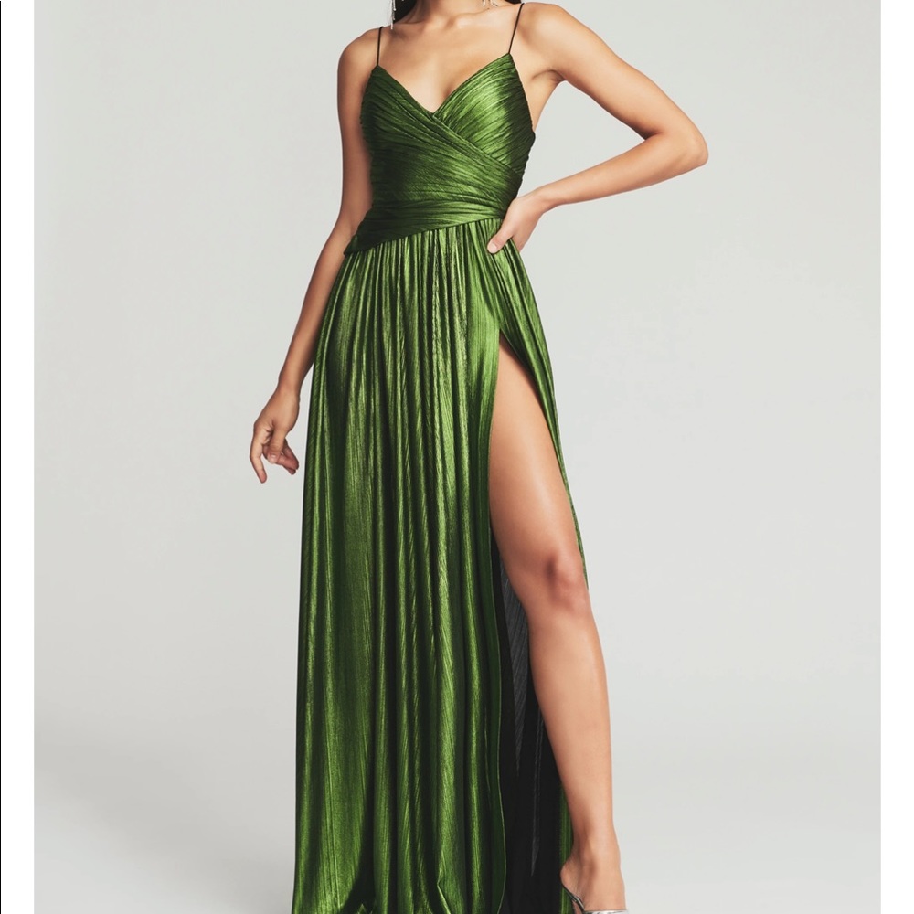 Retrofete Green Metallic Maxi Dress with Thigh High Slit